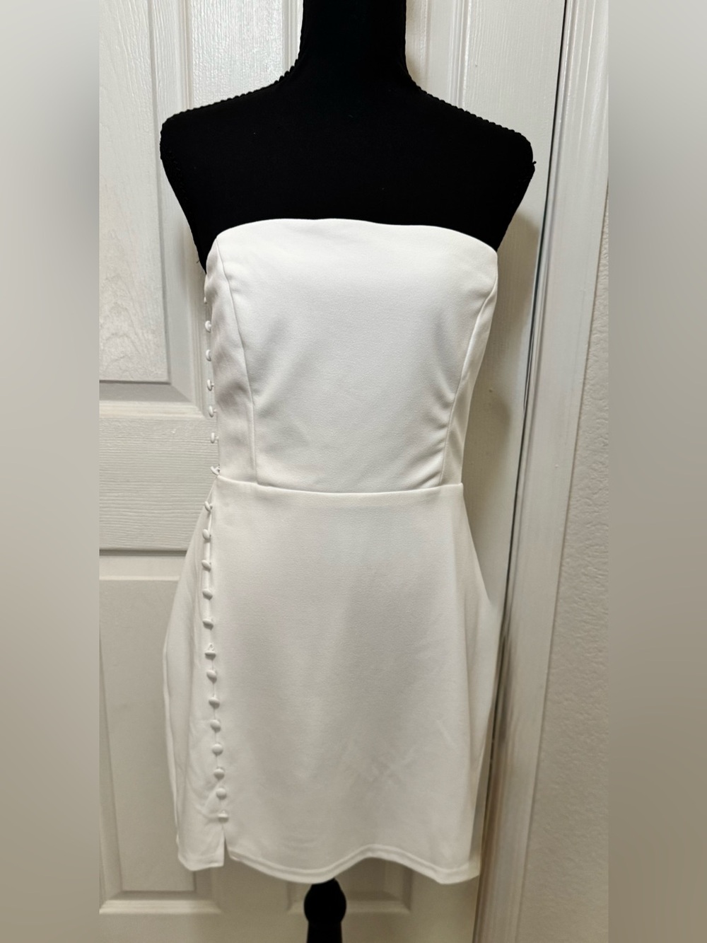 Lulu's Strapless White Midi Dress with Side Covered Buttons